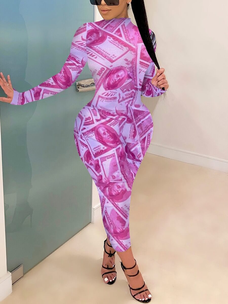 

LW Mock Neck Money Print Bodycon Dress, Pink