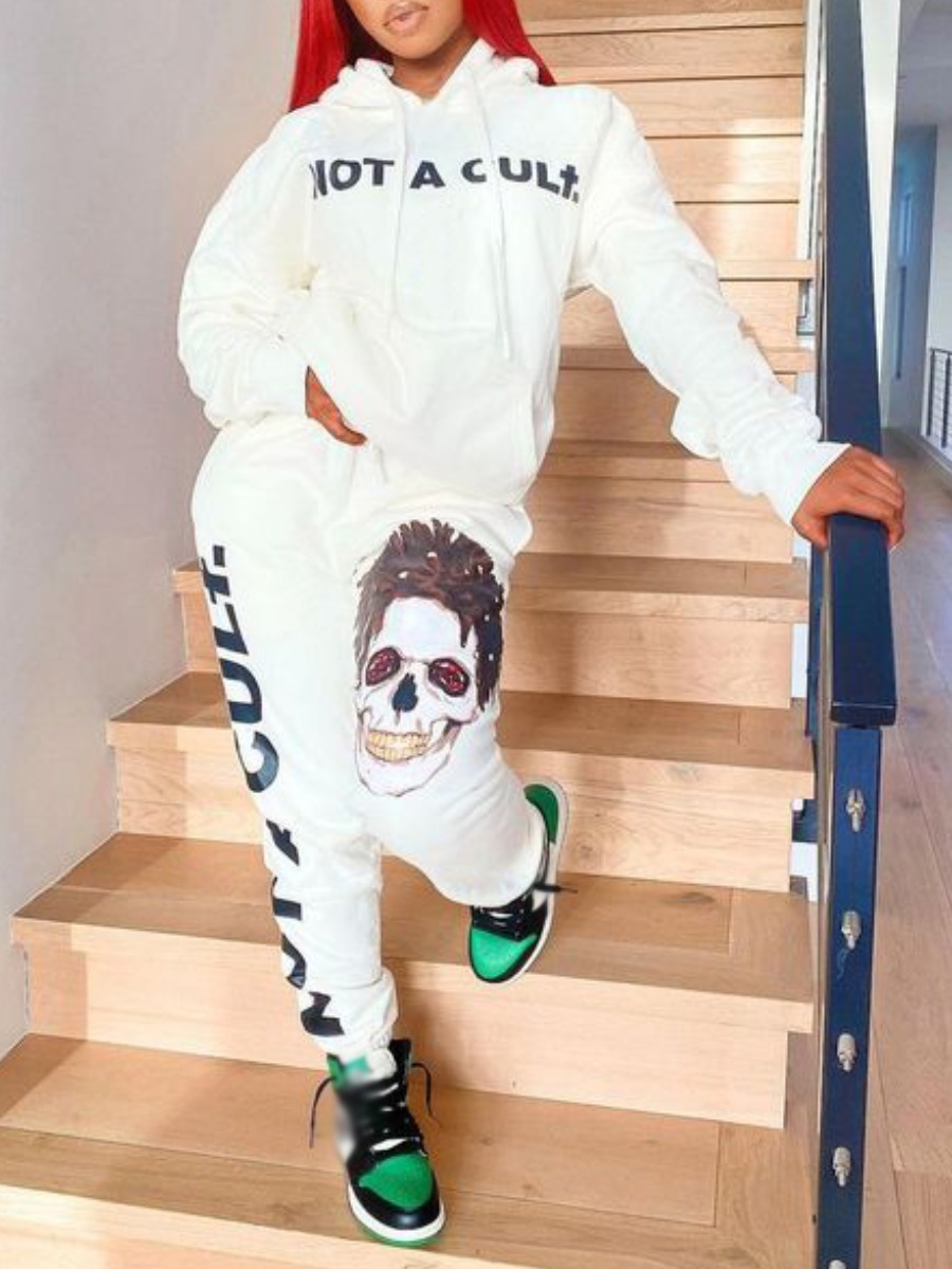 

LW Skull Head Letter Print Kangaroo Pocket Tracksuit Set, Greyish white