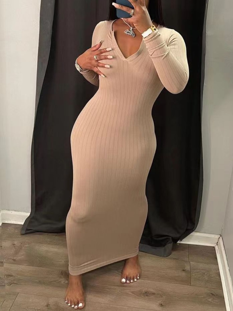 

LW V Neck Rib-Knit Bodycon Dress, Apricot