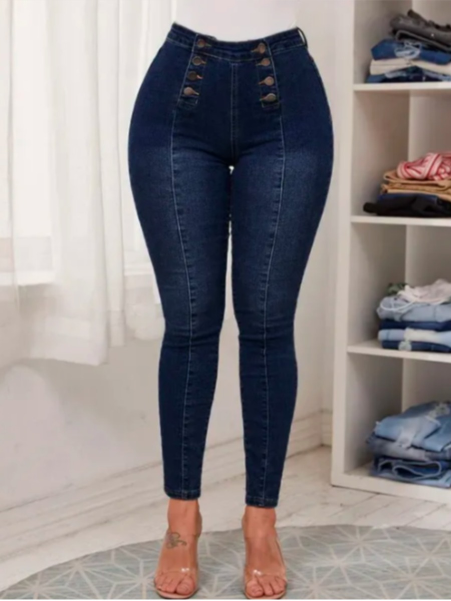 

LW High Waist Double Breasted Design Jeans, Deep blue