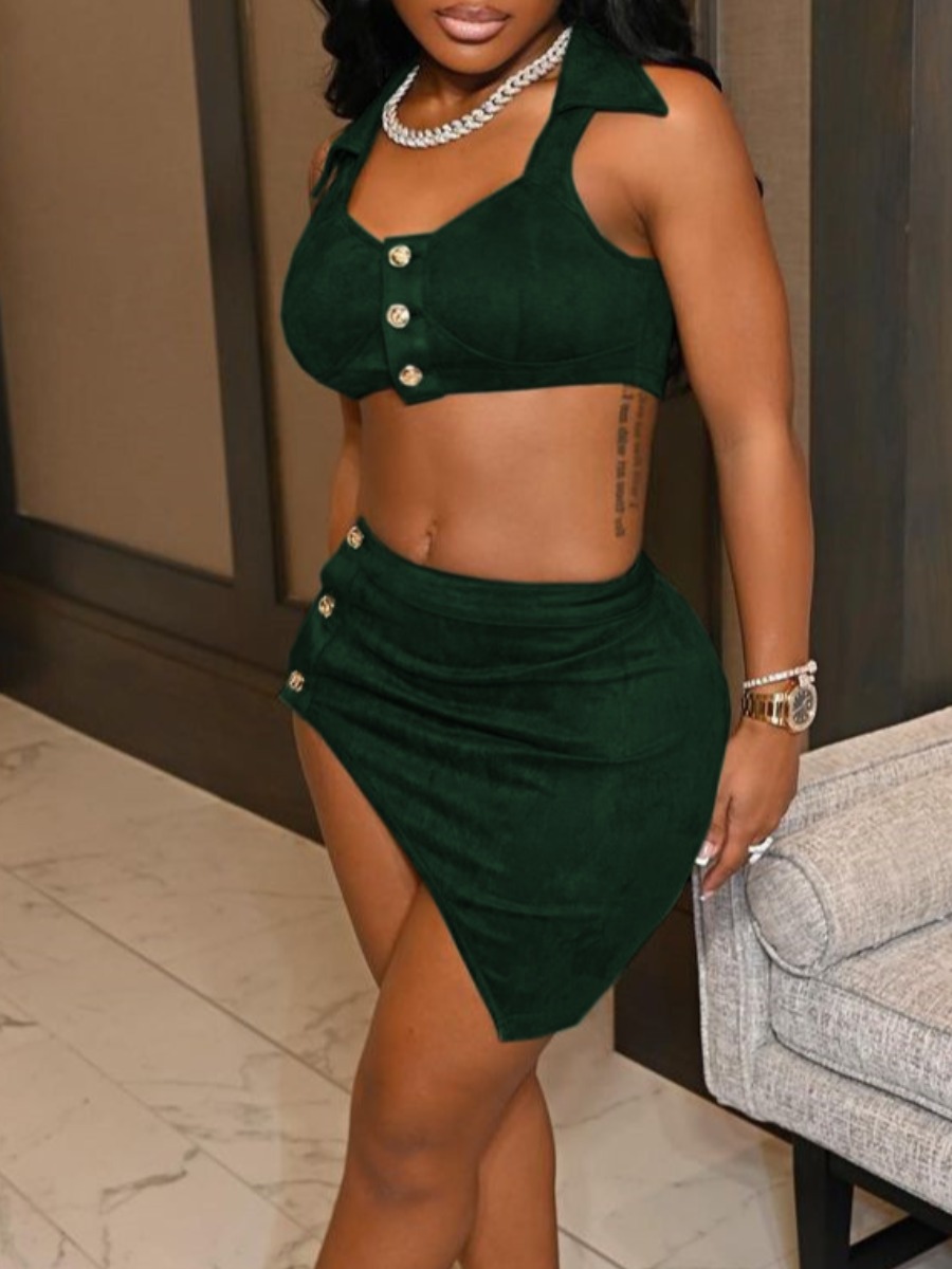 

LW SXY Crop Top Button Design Skirt Set, Black green