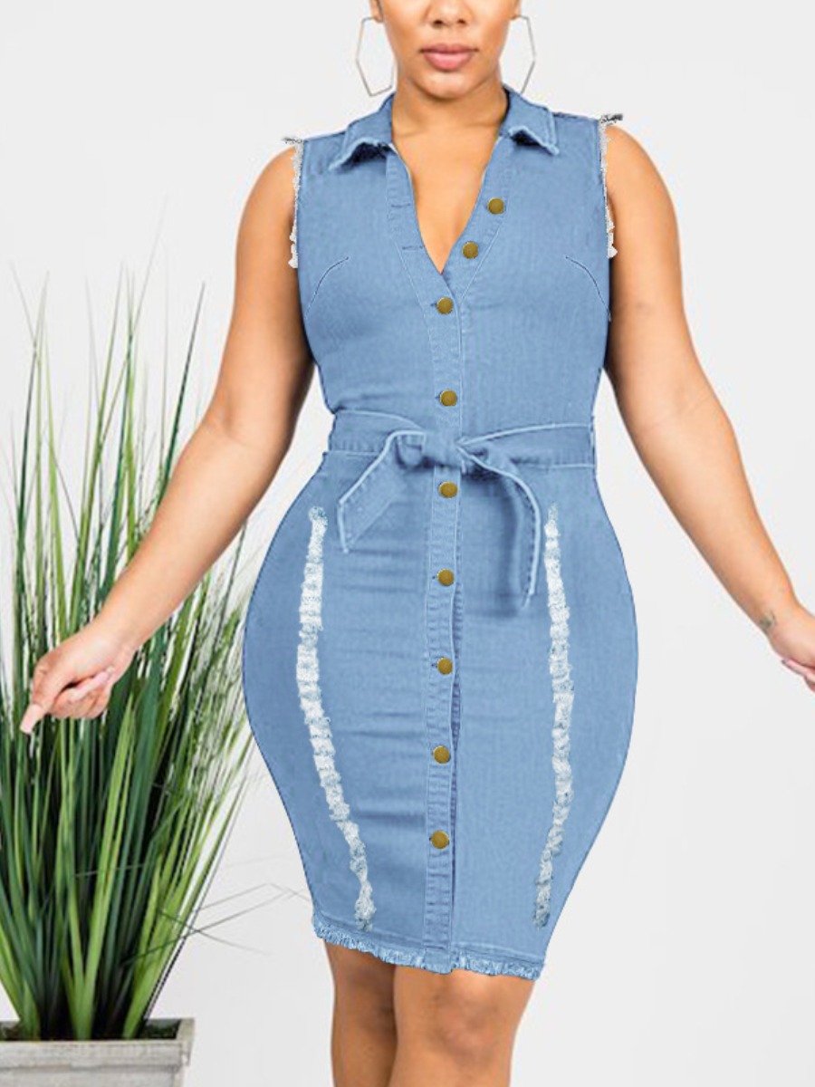

LW High Stretchy Ripped Raw Edge Denim Dress, Baby blue