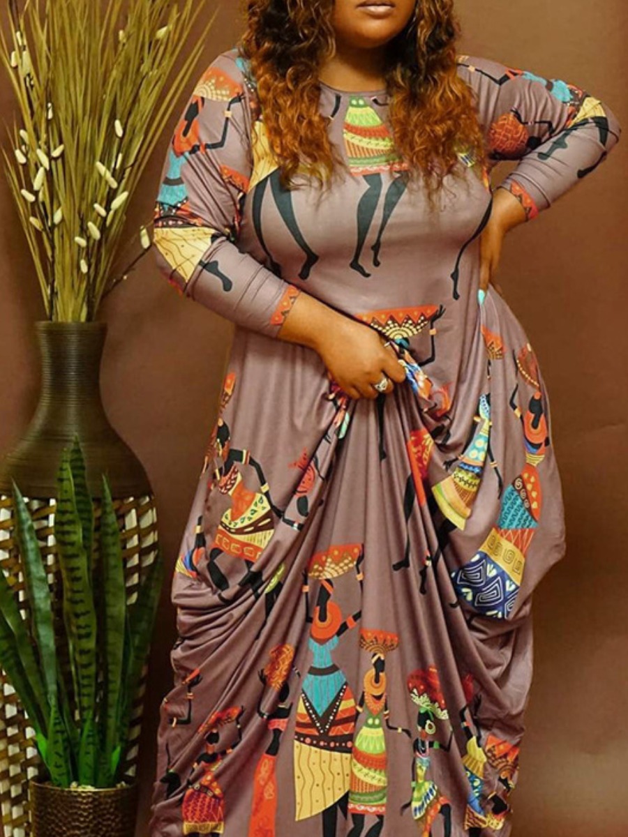 

LW Plus Size Cartoon Print A Line Dress, Brown