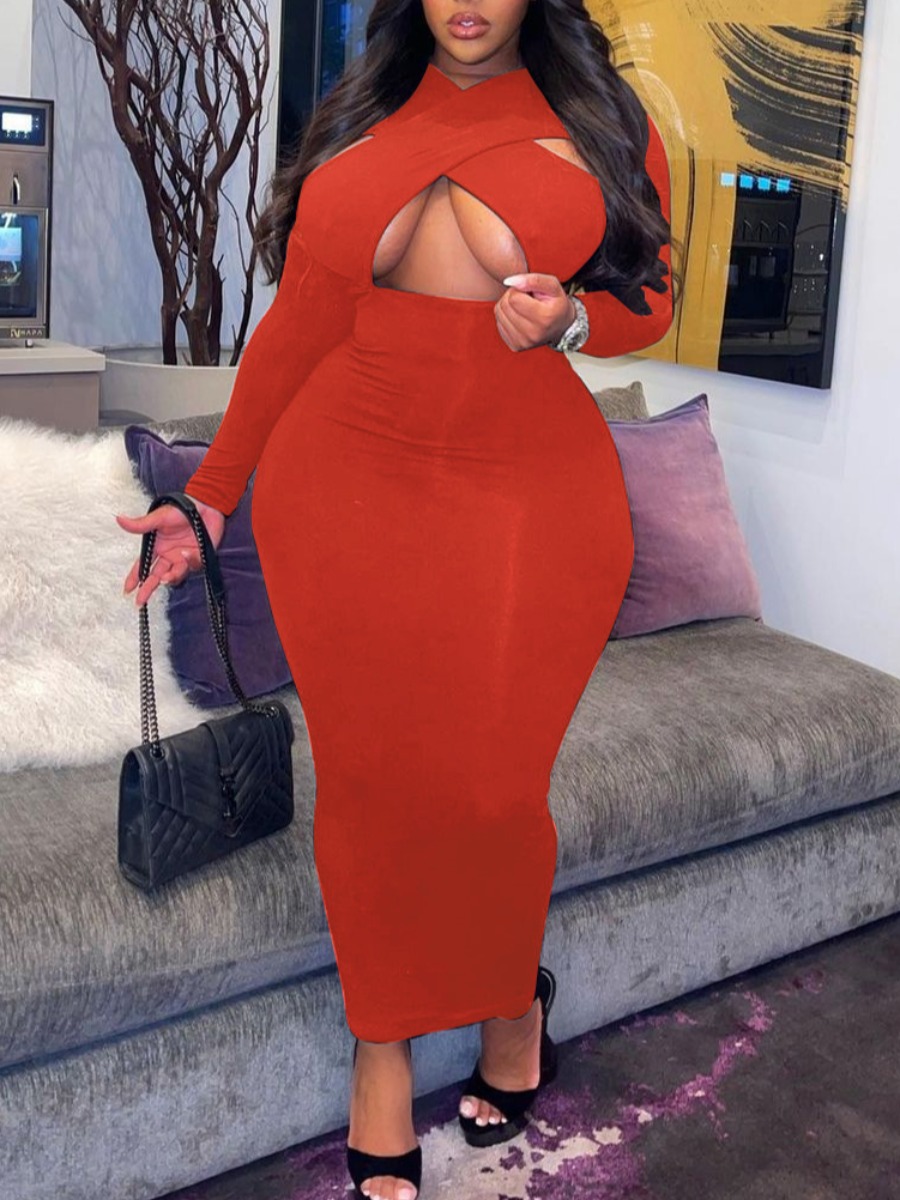 

LW Plus Size Cross-over Cut Out Bodycon Dress, Red