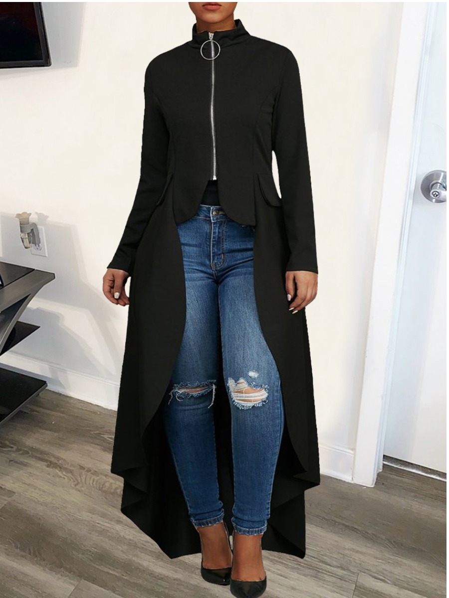 

LW Zipper Design Asymmetrical Trench Coat, Black