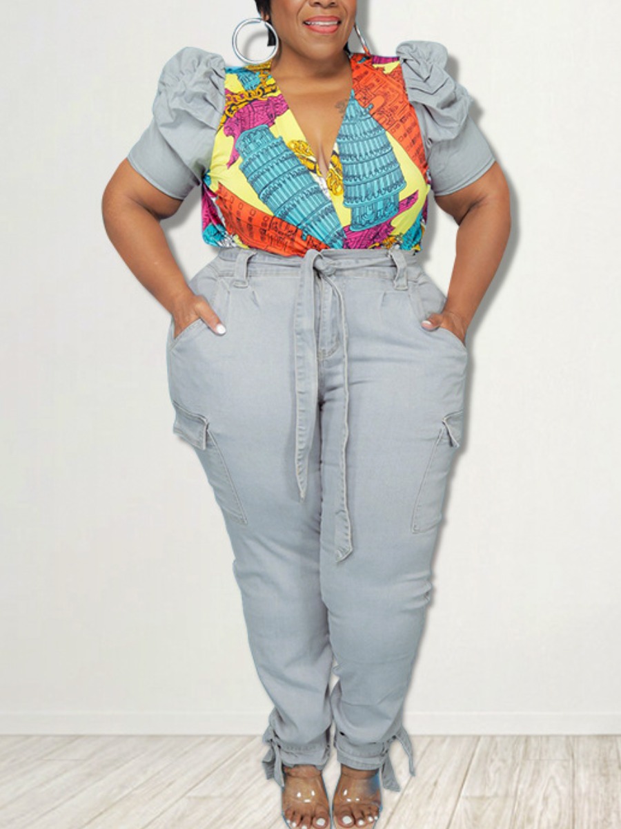 

LW Plus Size Puff Sleeve Geometric Print Jeans Set, Baby blue