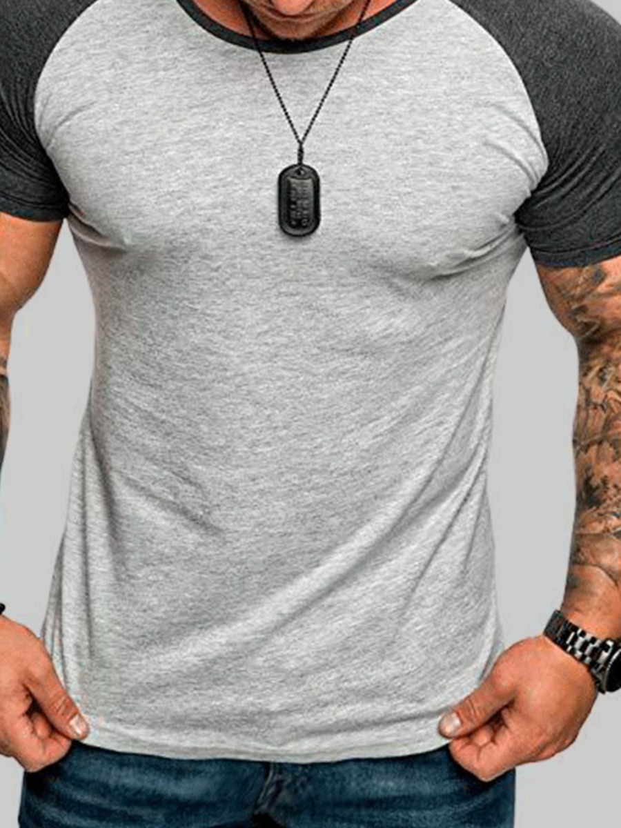 

LW Men Round Neck Patchwork T-shirt, Light grey