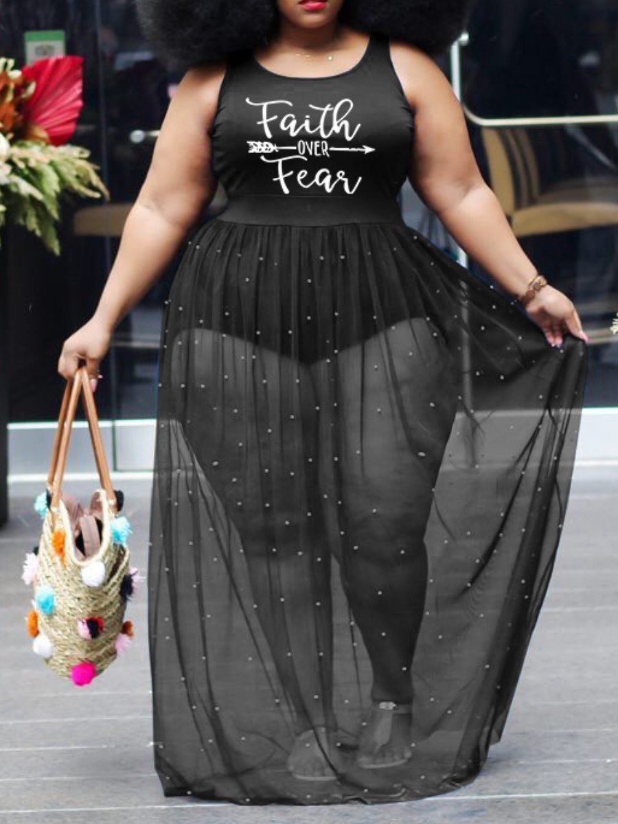 

LW Plus Size Letter Print See-through Dress, Black