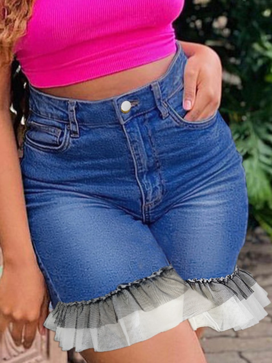 

LW Mid Waist Ruffle Design Denim Shorts, Blue