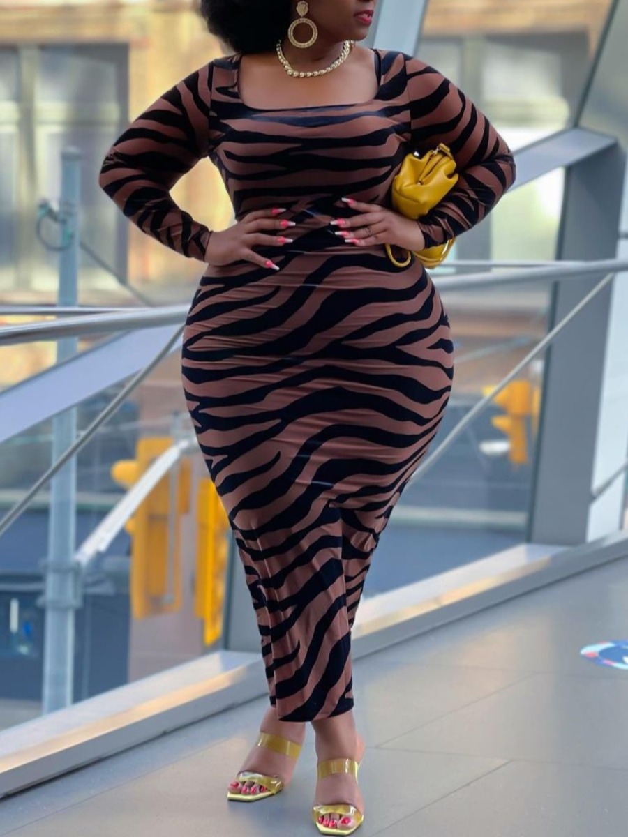 

LW Plus Size U Neck Zebra Striped Bodycon Dress, Dark brown