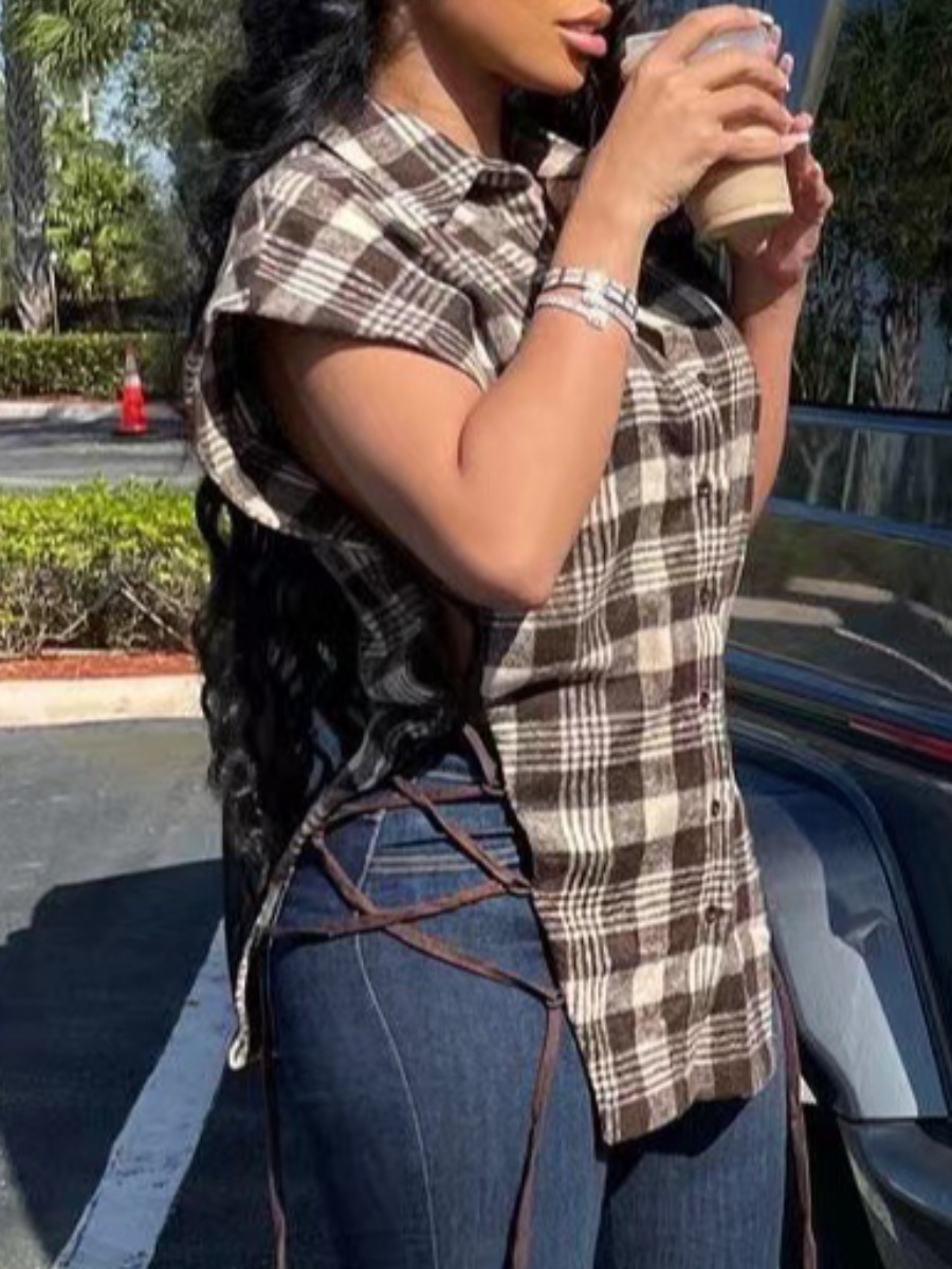 LovelyWholesale Plaid Print Bandage Design Shirt Summer Sleeveless Casual Cardigan Shirt collar Spring Summer 2024