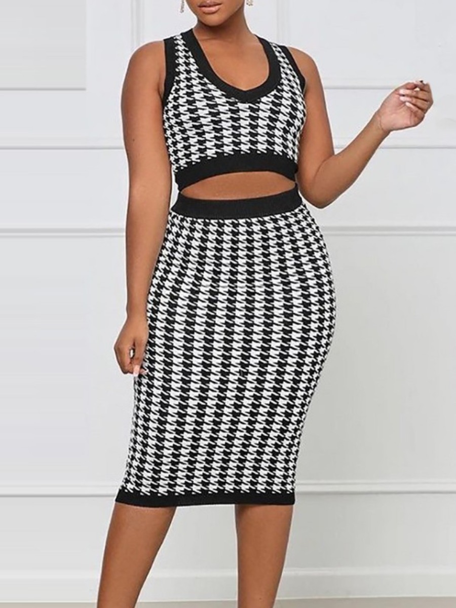 

LW U Neck Houndstooth Skirt Set, Black
