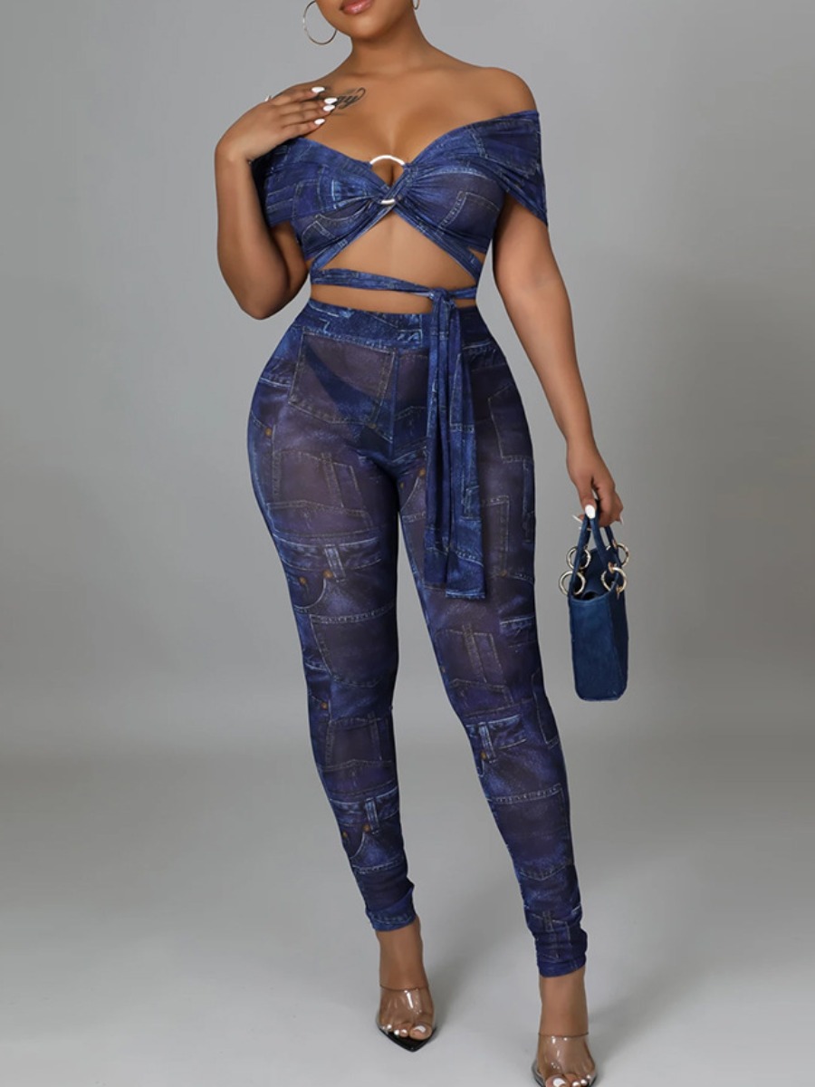 

LW SXY See-through Ring Detail Pants Set, Blue