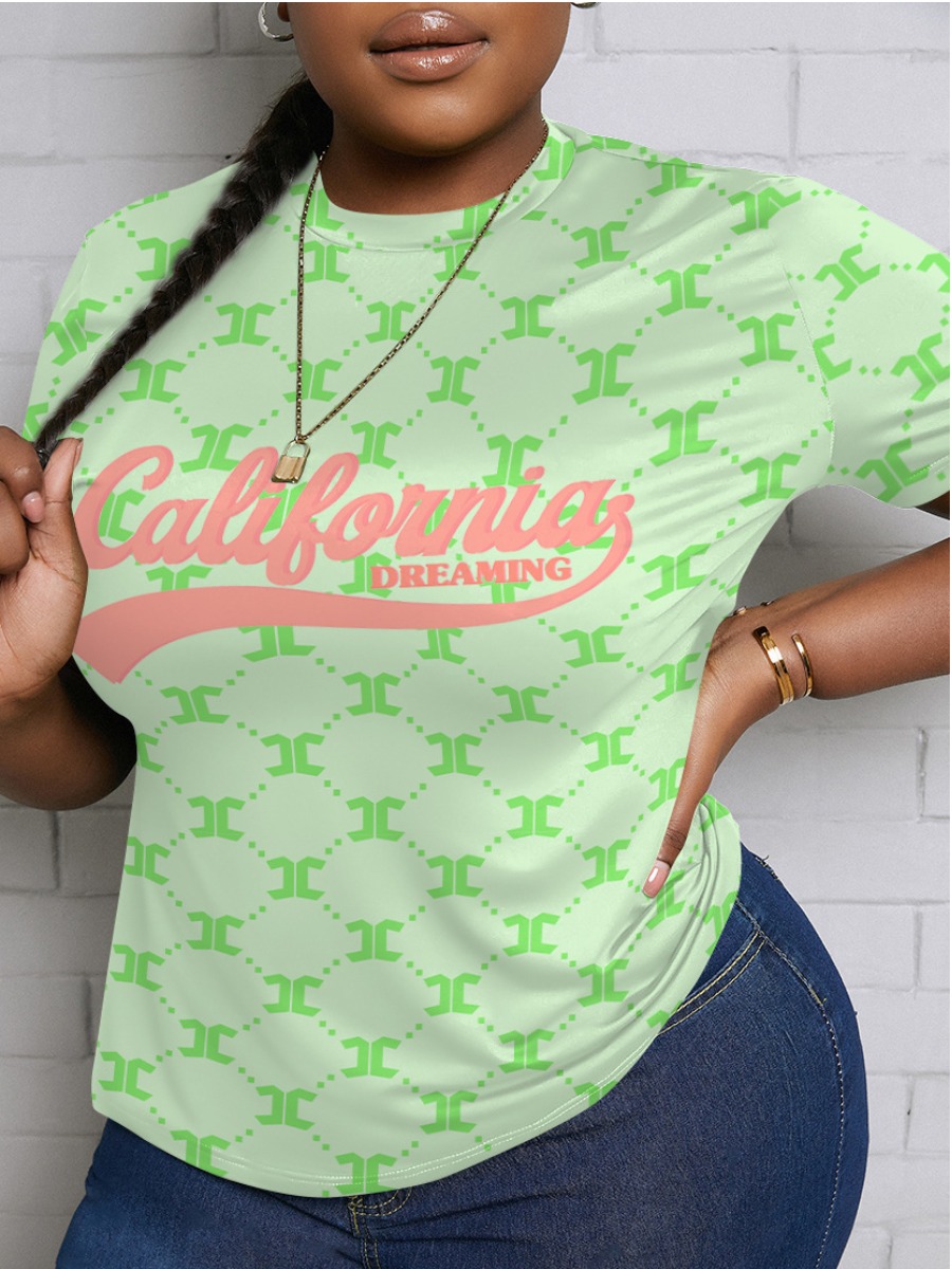 

LW Plus Size Geometric Letter Print T-shirt, Light green