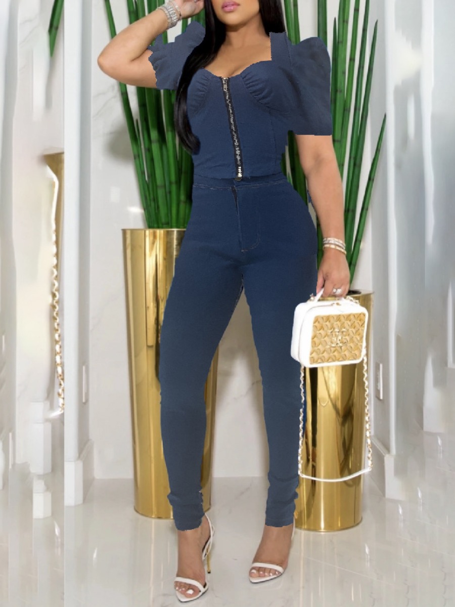 

LW U Neck Puff Sleeve Denim Pants Set, Baby blue