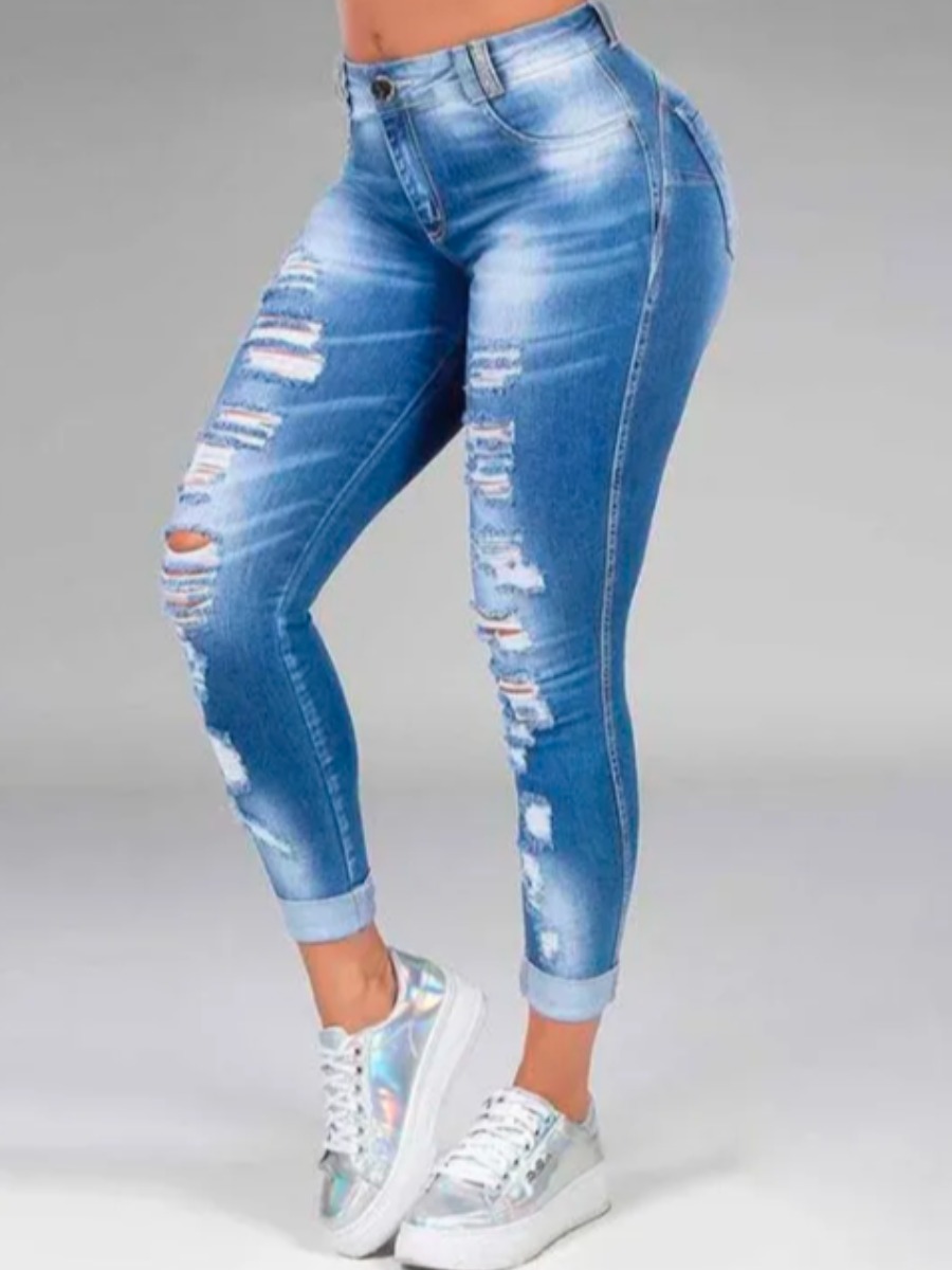 

LW High Waist High Stretchy Ripped Jeans, Baby blue