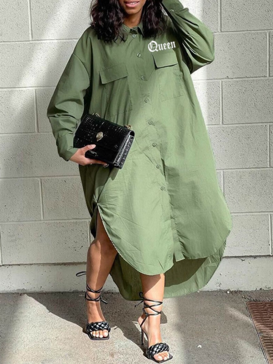 

LW Plus Size Letter Print Loose Shirt Dress, Green