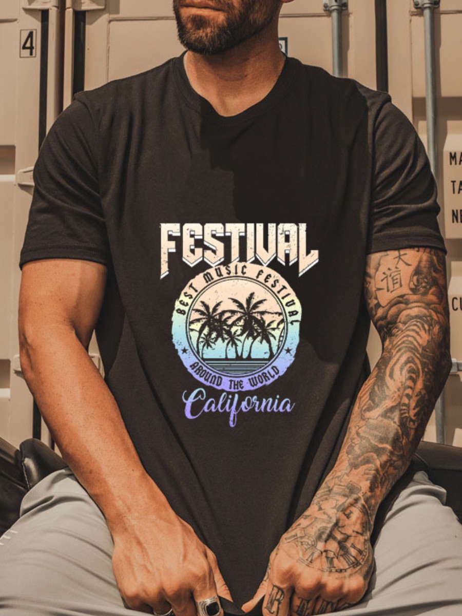 

LW COTTON Men Tree Letter Print T-shirt, Black