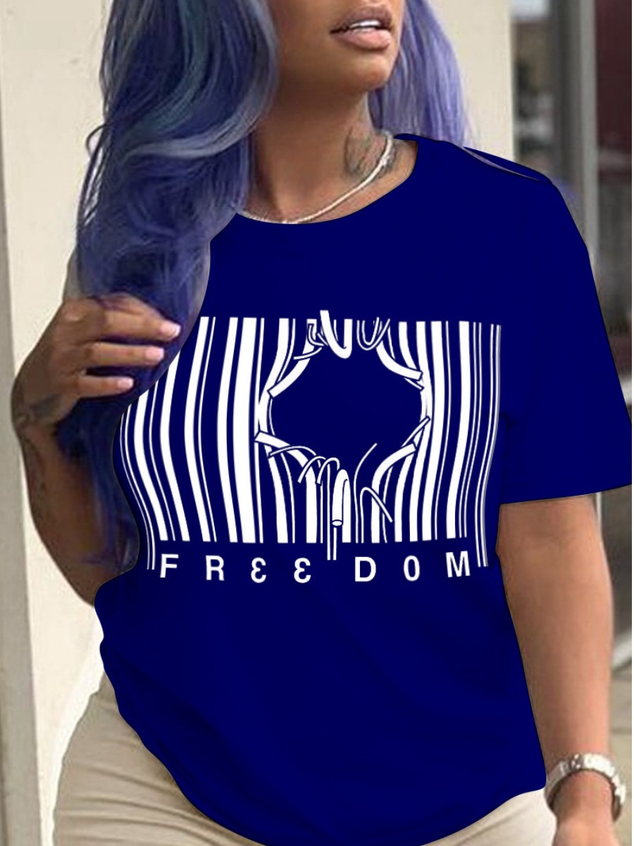 

LW Plus Size Letter Print Striped T-shirt, Deep blue