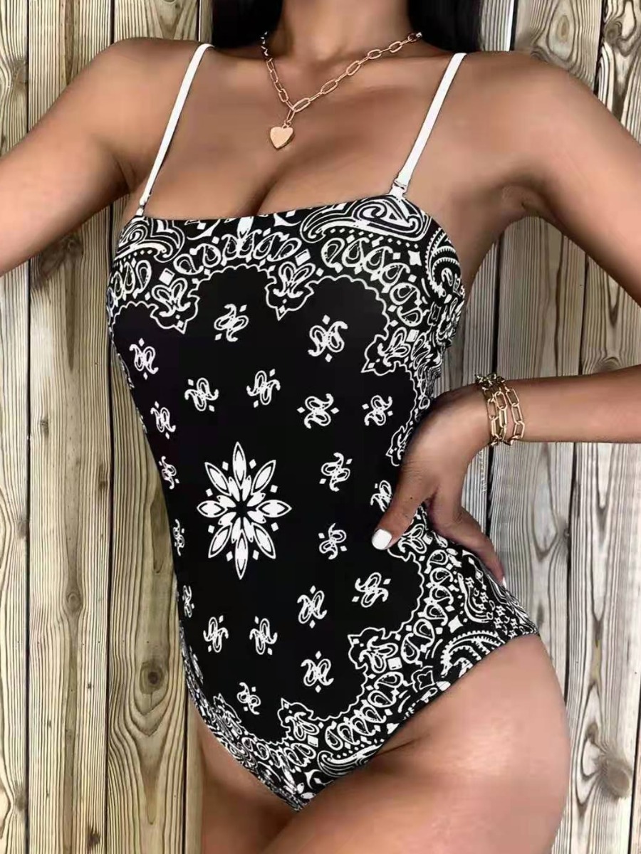 

LW Cashew Print Cami One-piece Swimsuit, Black