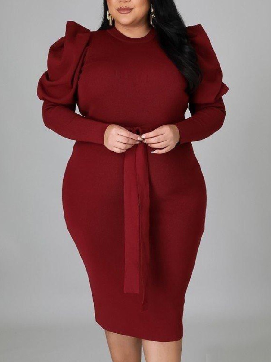 

LW Plus Size Puff Sleeve Bodycon Dress, Wine red
