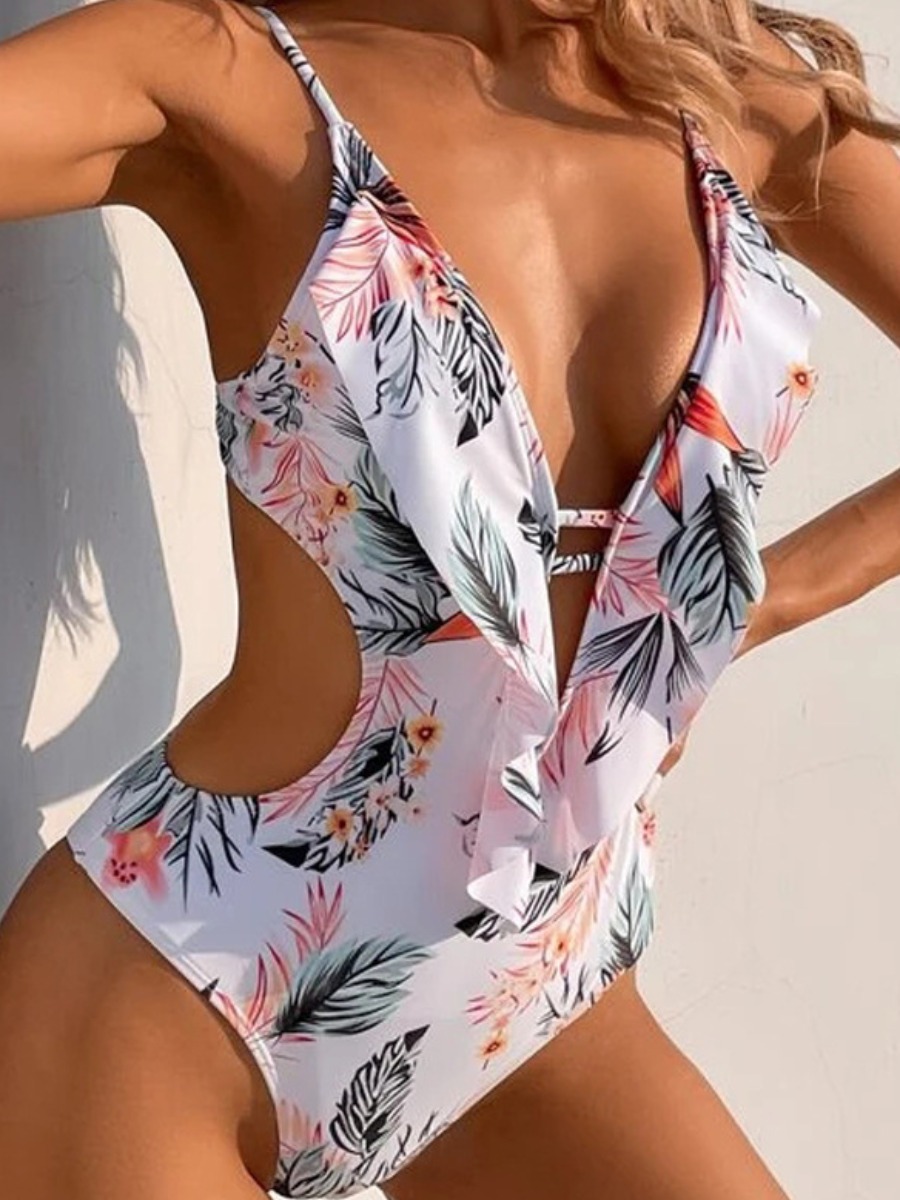 

LW Floral Print Cut Out One-piece Swimsuit, White