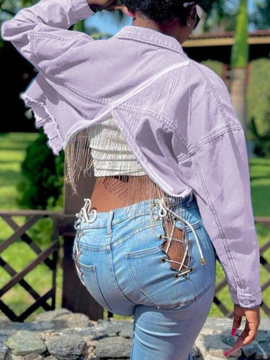 

LW Raw Edge Crop Top Denim Jacket (No Stretch), Purple