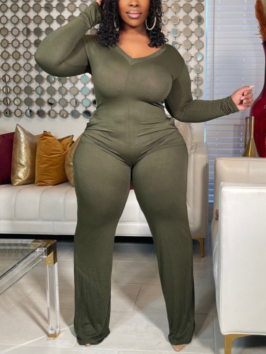 

LW Plus Size V Neck Pocket Design Jumpsuit, Green