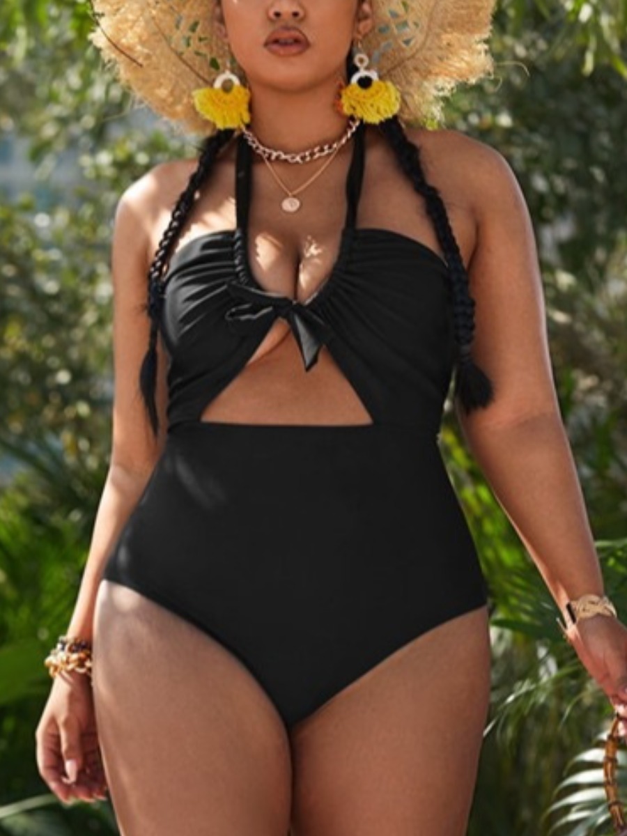 

LW Plus Size Bandage Hollow-out Design One-piece Swimsuit, Black