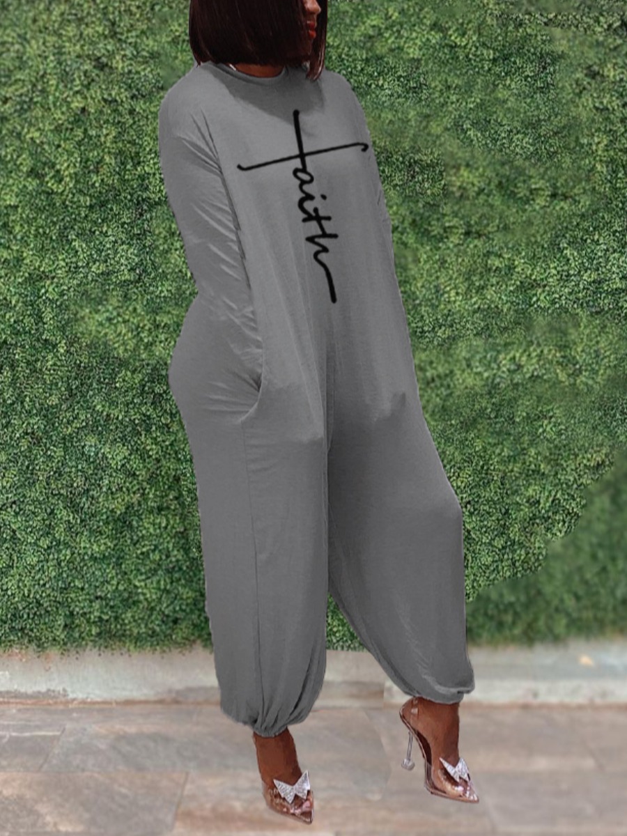 

LW Faith Letter Print Loose Jumpsuit, Grey