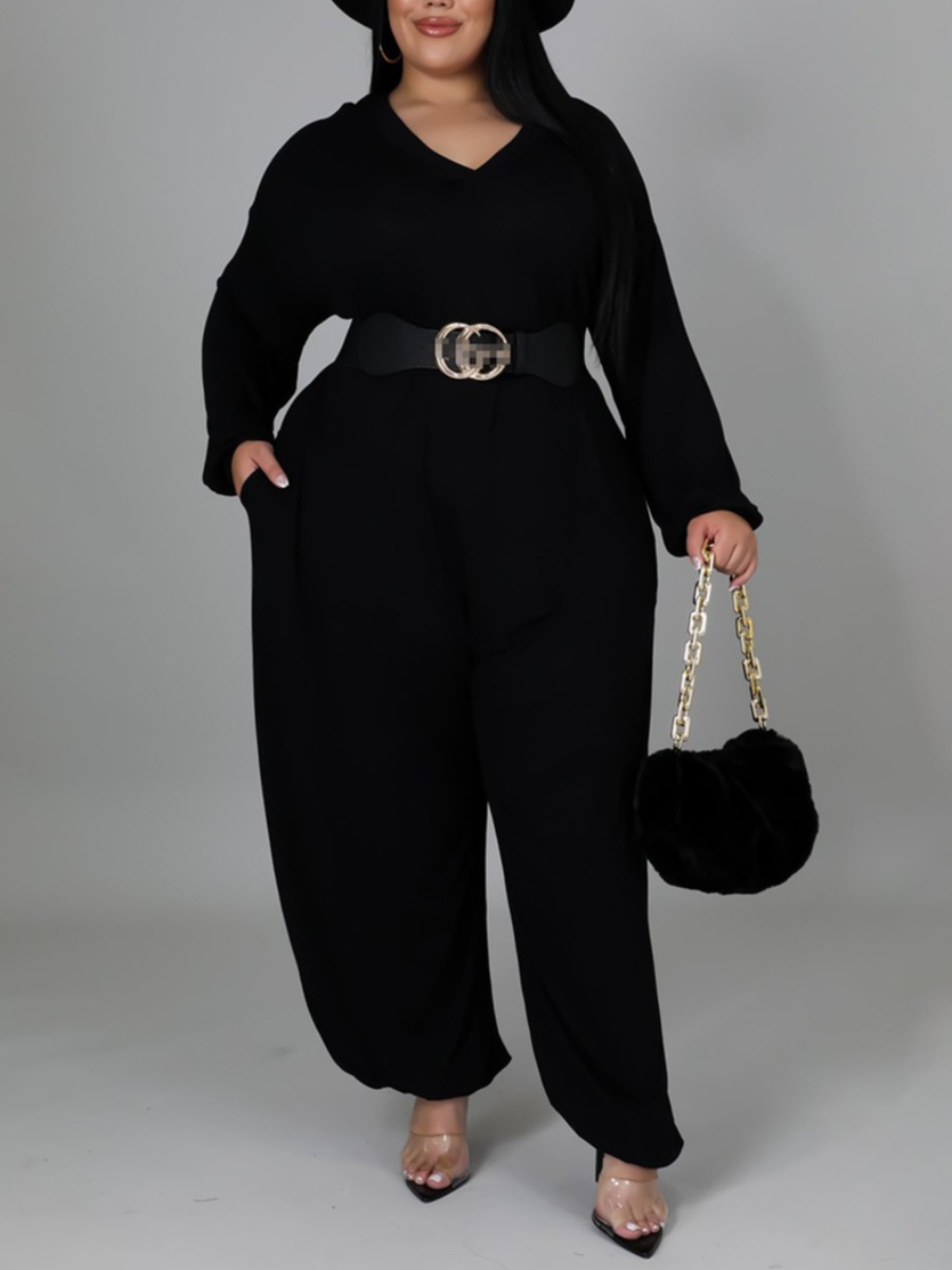 

LW Plus Size V Neck Wide Leg Jumpsuit (Without Belt), Black
