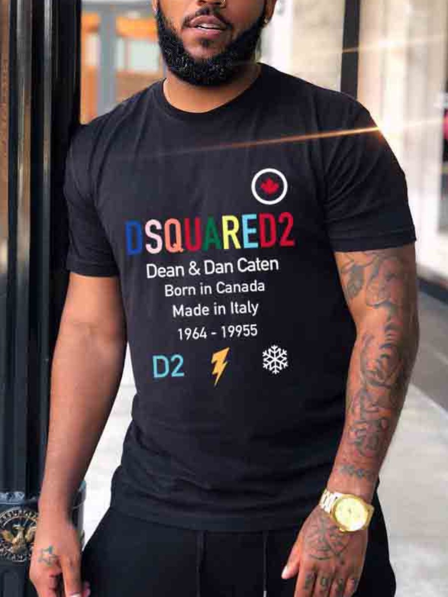 

LW COTTON Men Round Neck Letter Print T-shirt, Black