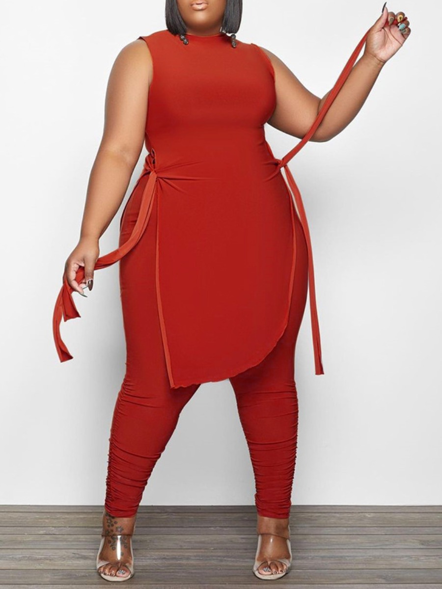 

LW Plus Size Bandage Design Split Pants Set, Red