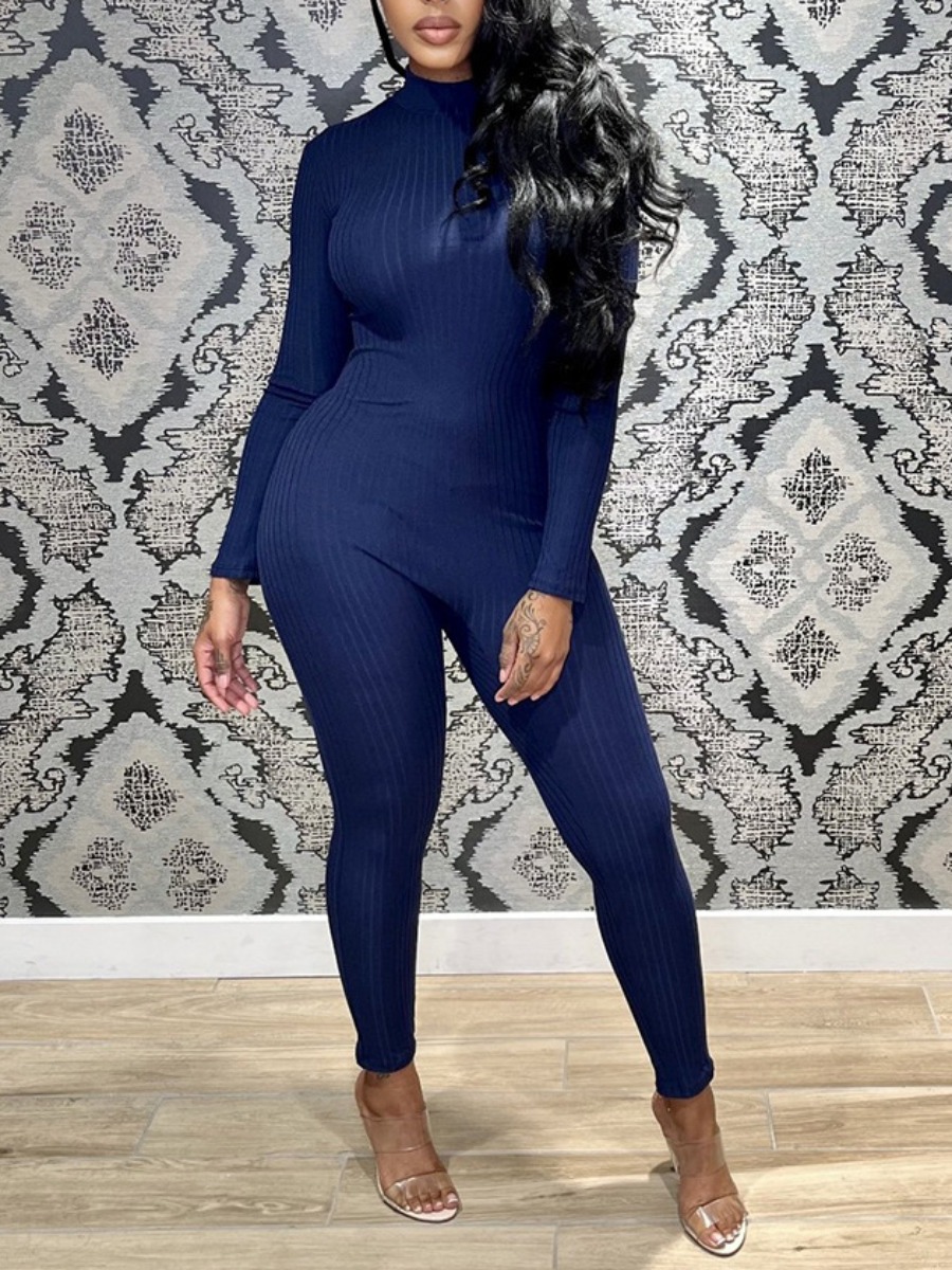 

LW BASICS Rib-Knit Skinny Jumpsuit, Deep blue