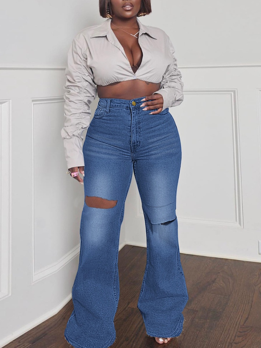 

LW Plus Size High Stretchy Ripped Flared Jeans, Deep blue