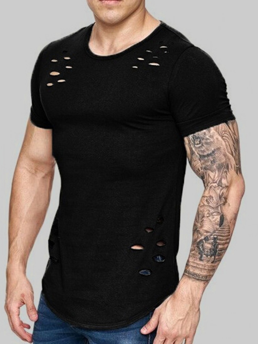 

LW Men Round Neck Ripped T-shirt, Black