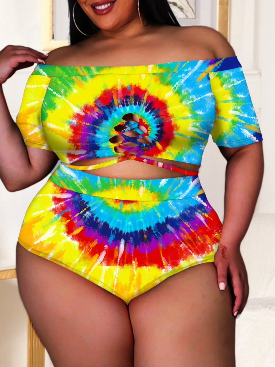 

LW Plus Size Off The Shoulder Tie-dye Tankini, Multi