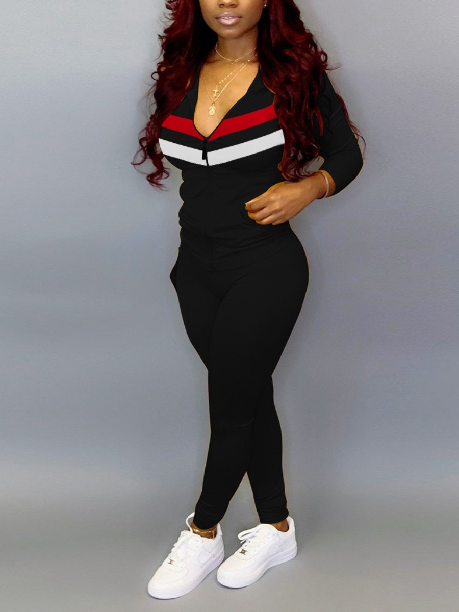 

LW Striped Zipper Design Tracksuit Set, Black