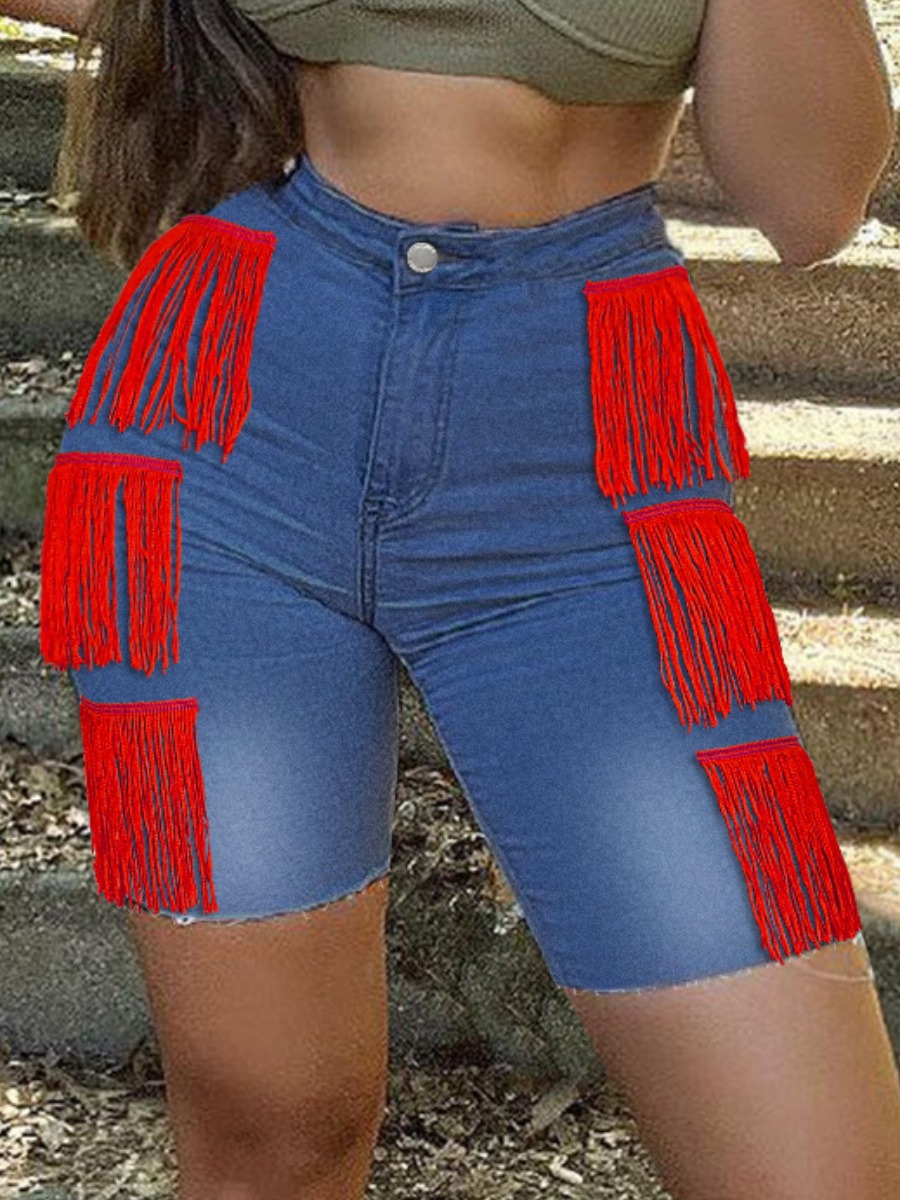 

LW Tassel Design Raw Edge Denim Shorts, Deep blue