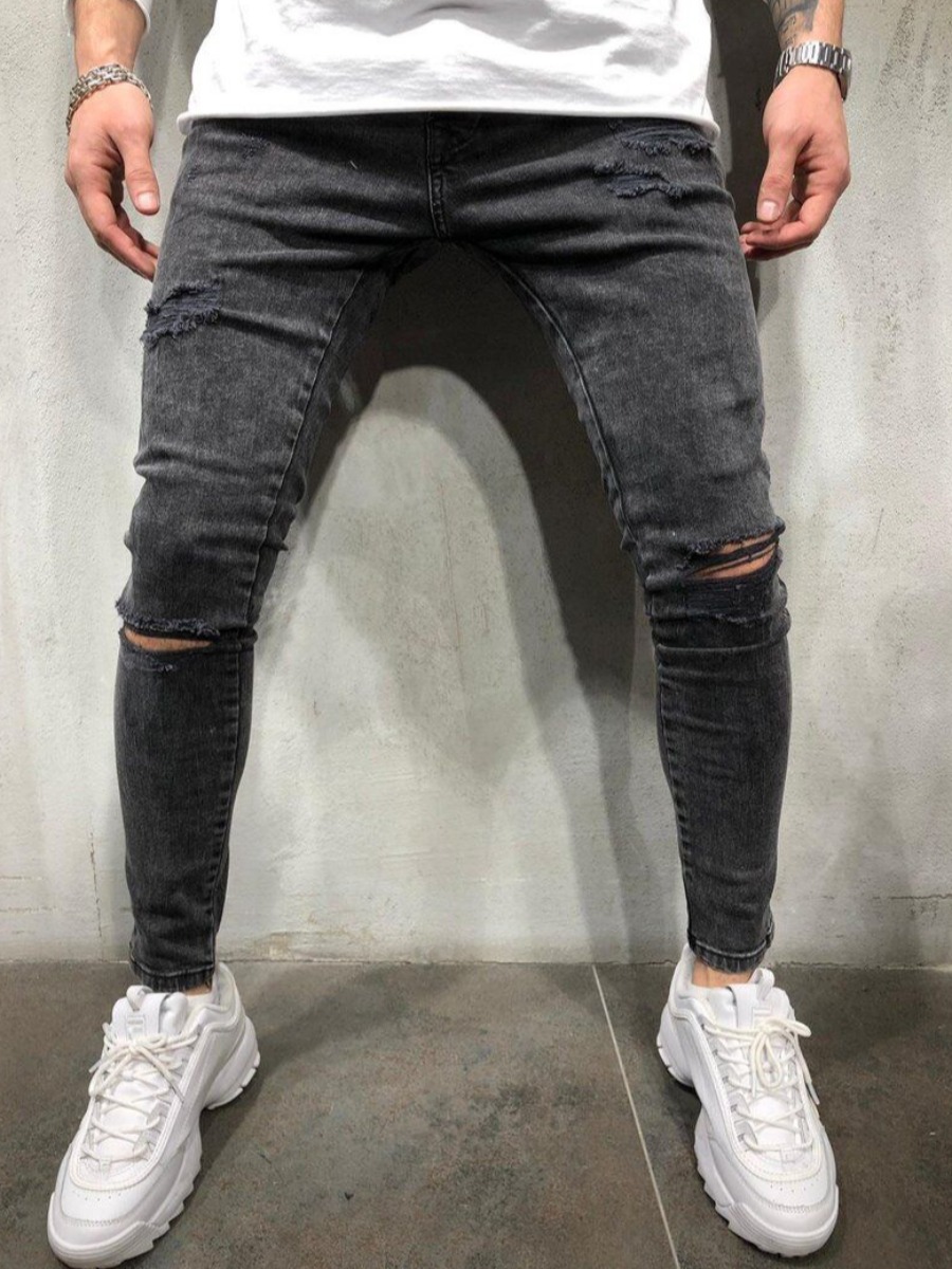 

LW Men Mid Waist High Stretchy Ripped Jeans, Black
