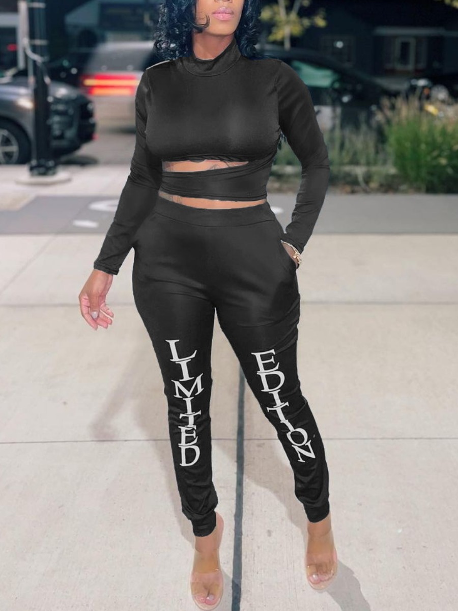 

LW Letter Print Cut Out Pants Set, Black