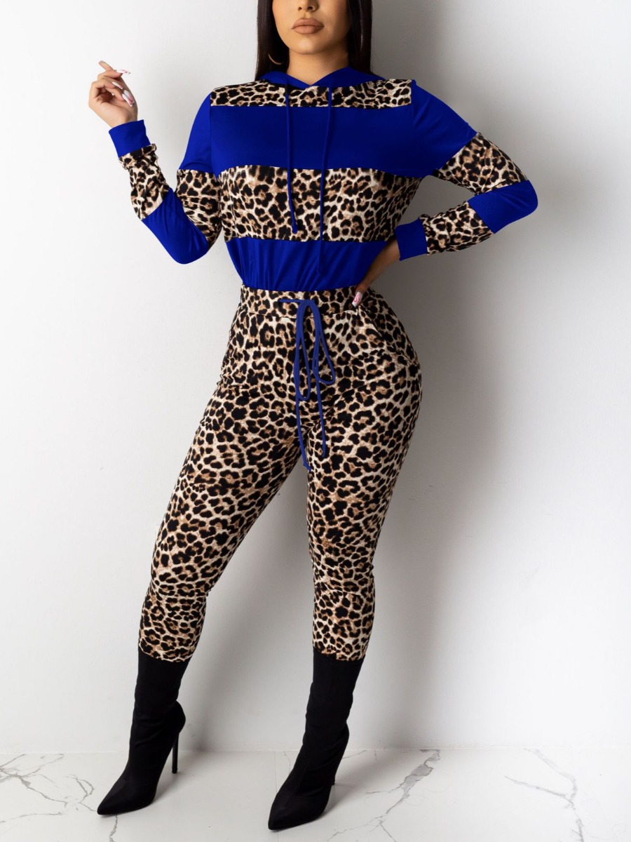 

LW Leopard Print Drawstring Pants Set, Royalblue