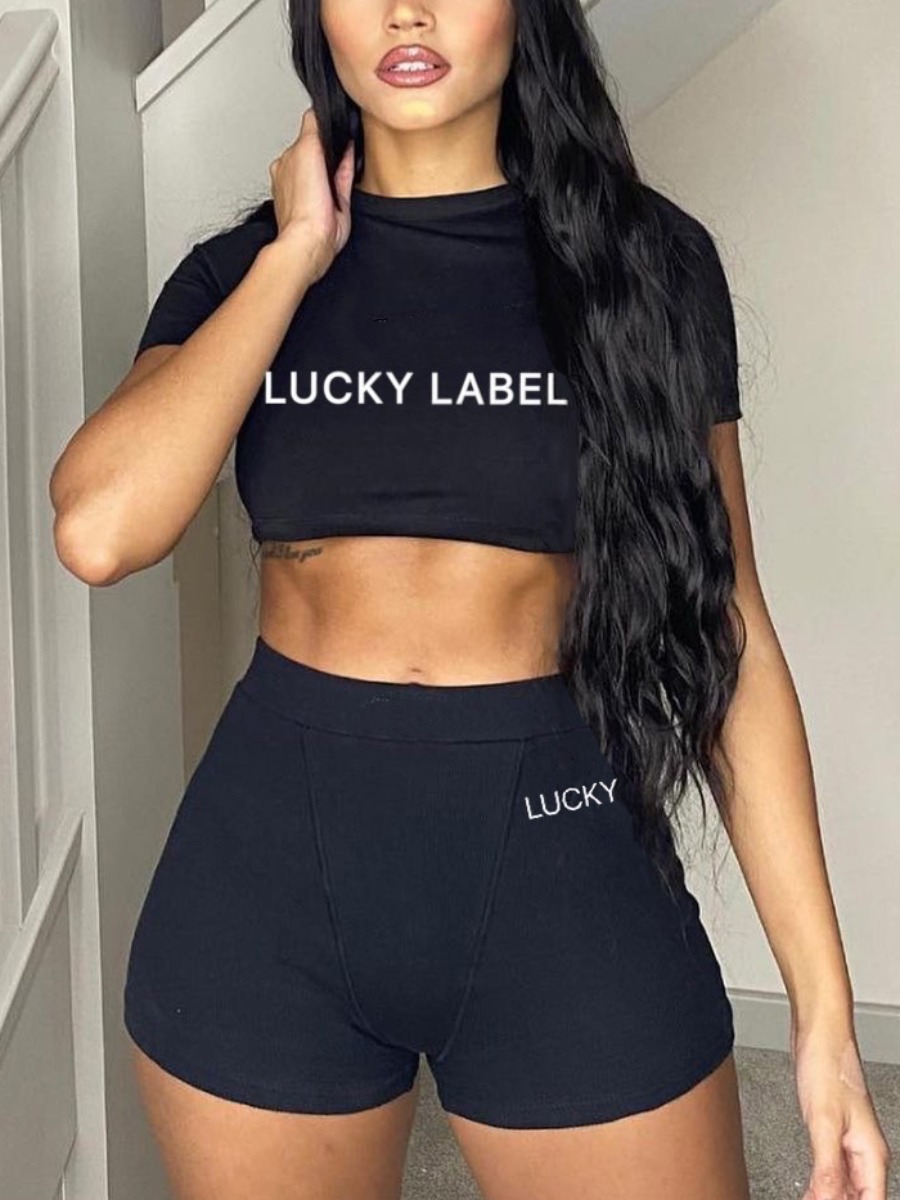 

LW Polyester Pattern Letter Print Skinny Yes(Stretch) Two-piece Shorts Set, Black
