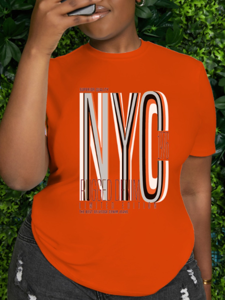 

LW Plus Size Round Neck Letter Print T-shirt, Orange