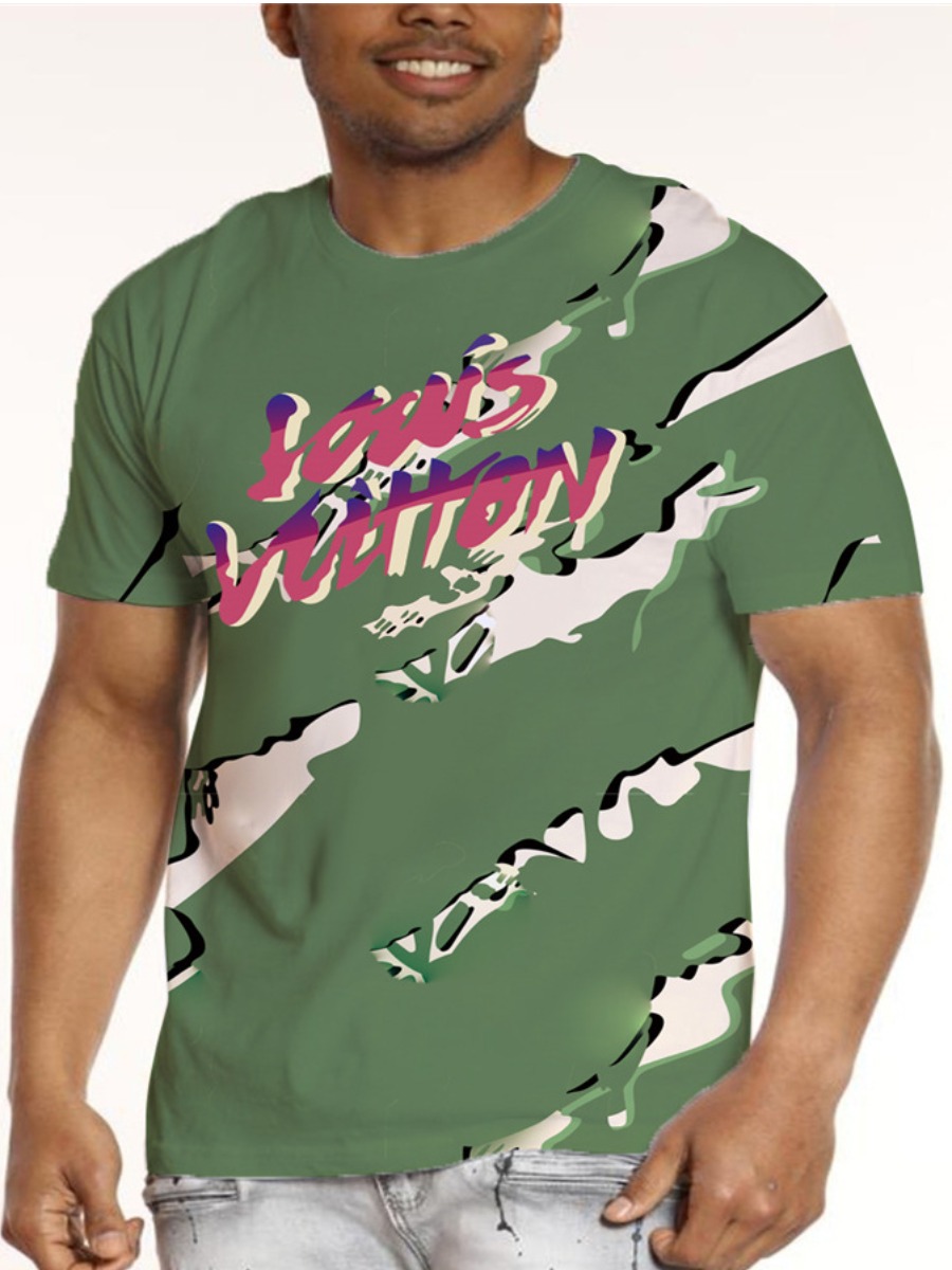 

LW Men Letter Print Patchwork T-shirt, Olive