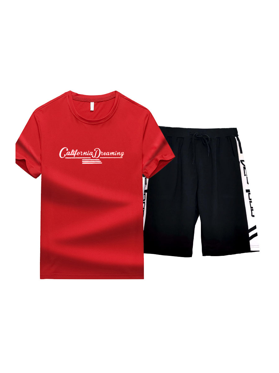 

LW Men Letter Print Drawstring Shorts Set, Red