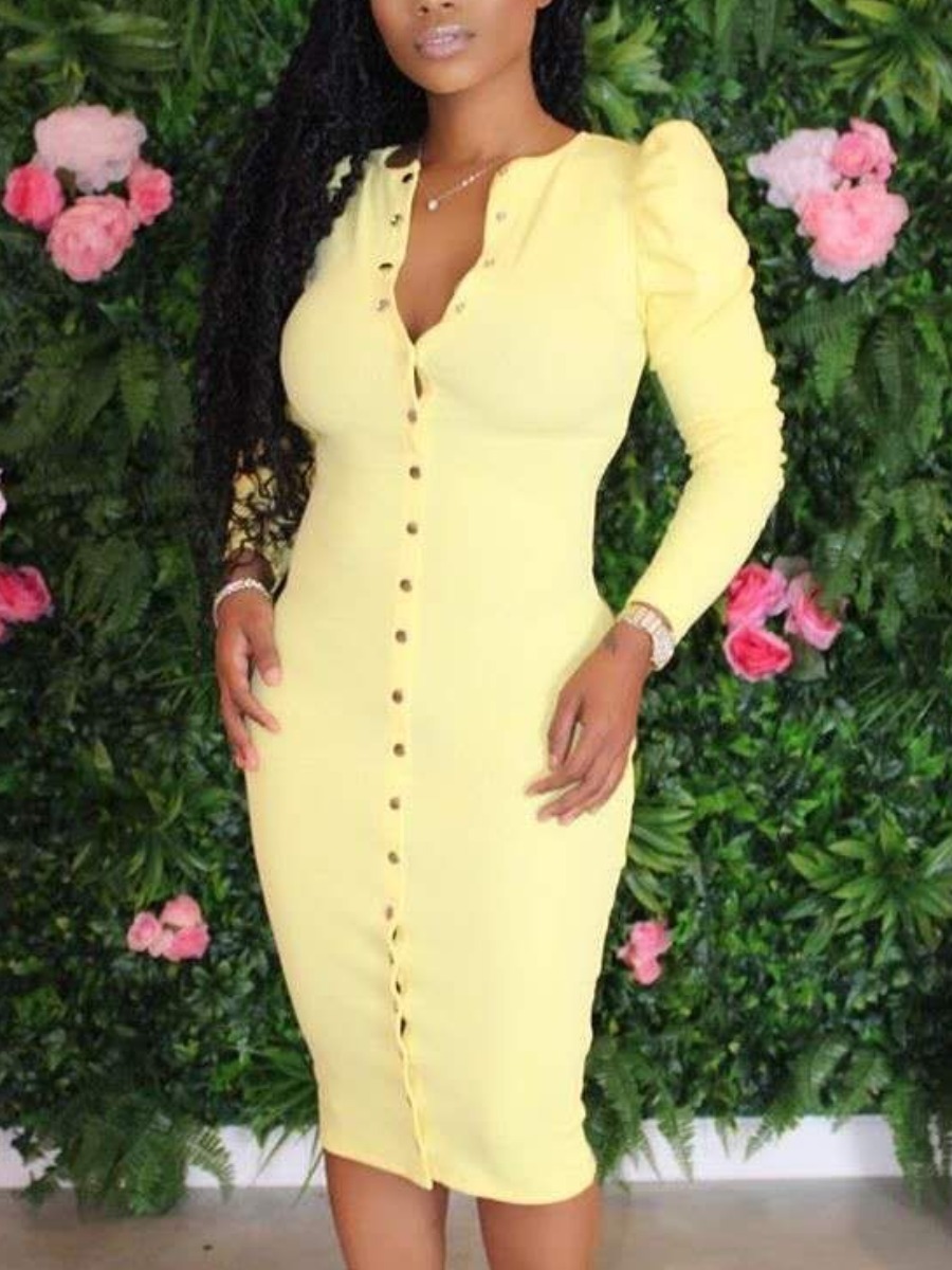 

LW Polyester Button Design Solid Bodycon Dress, Yellow