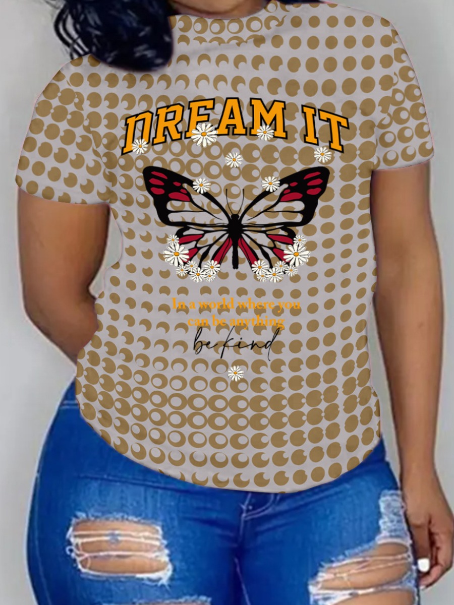 

LW Plus Size Butterfly Letter Print T-shirt, Brown dot