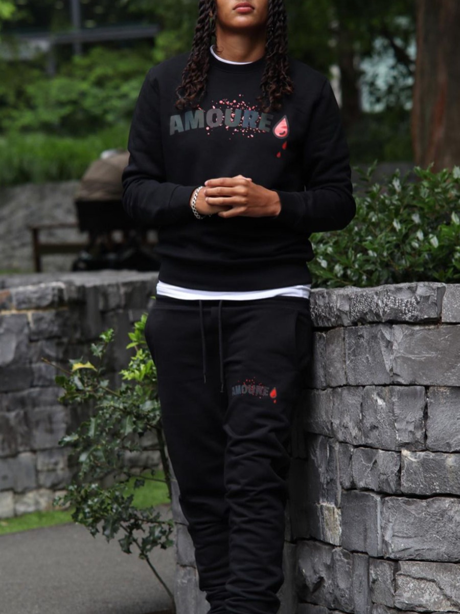 

LW COTTON Men Letter Print Drawstring Tracksuit Set, Black