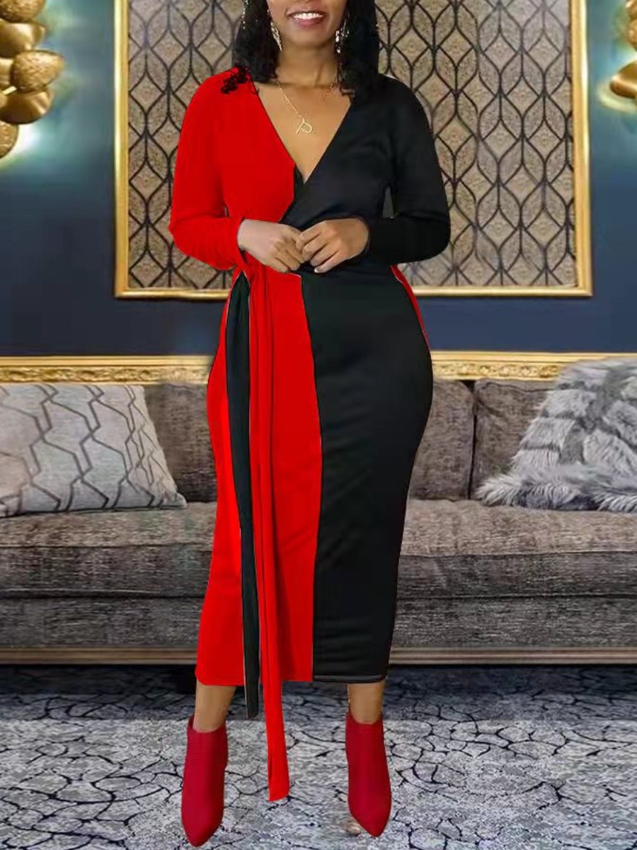 

LW V Neck Patchwork Bodycon Dress, Red